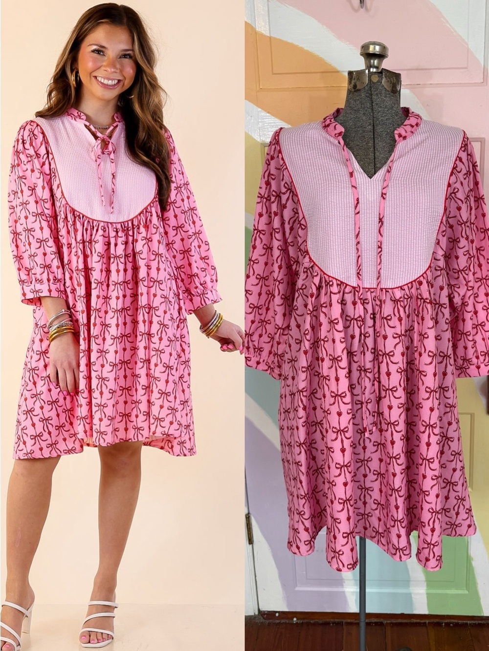 NWT Simply Southern Red and Pink Preppy Bow and Heart Seersucker Dress Sz L π§‘π - Picture 2 of 11